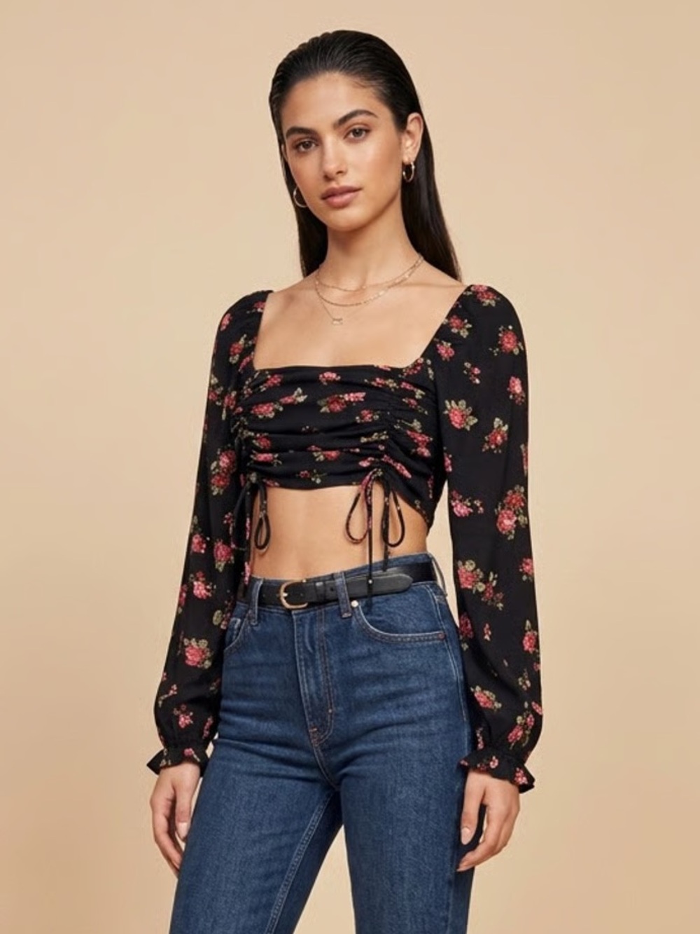 WILD FABLE | Black Y2K Floral Smocked Crop Top Sz L